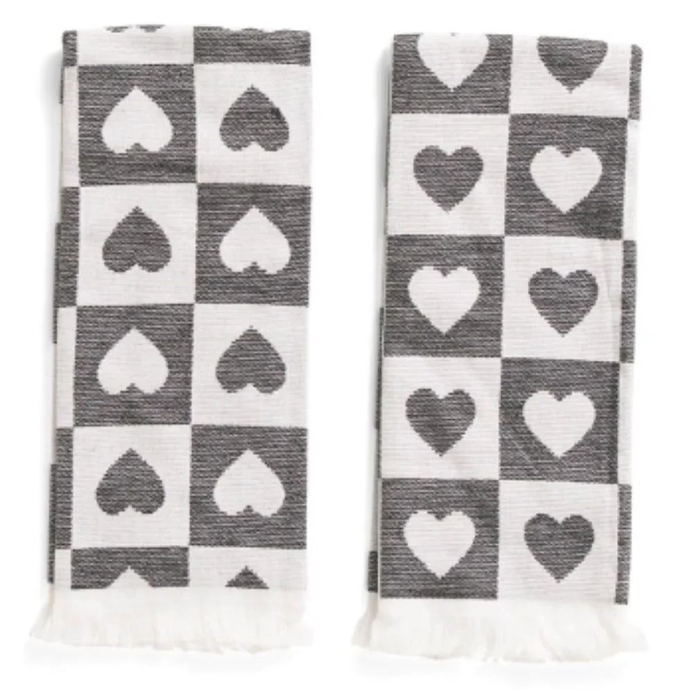cupcakes and cashmere White Black Checkered Heart Grid Cotton Blend Tea Towels